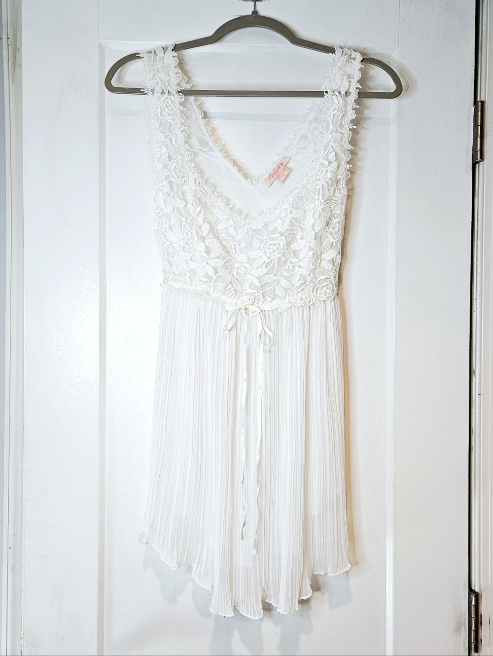 Flora Nikrooz Ivory Lace Chiffon Chemise Slip Dress Pleated S